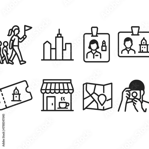 Iconic City Tour Moments. City Tour Guide linear icon set: walking group, skyline, guide badge, street map, ticket, landmark icon, local café, photo moment.