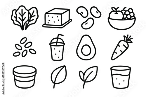 Plant-Based Icon Set. Plant-Based Nutrition linear icon set: leafy greens, tofu block, beans, lentils, fruit bowl, seeds, smoothie, avocado, carrot, reusable bowl, eco leaf, water