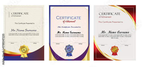 Certificate of Achievement Template Set with Gold Badge ,Elegant Award, Diploma, and Recognition Design Collection.
