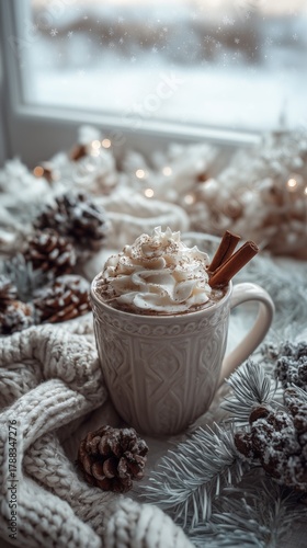 Cozy Cup of Warm Drink With Whipped Cream and Cinnamon on Snowy Winter Day