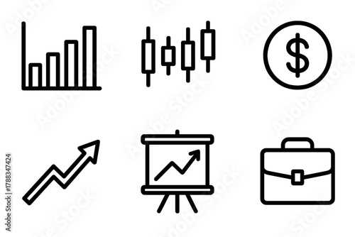Financial Growth Icons. Stock market linear icon set: bar chart, candlestick graph, dollar coin, upward arrow, chart board, briefcase.