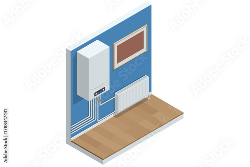 Wall Boiler, Isometric illustration of a wall-mounted gas boiler connected to radiator in modern interior. Concept of home heating and energy efficiency.