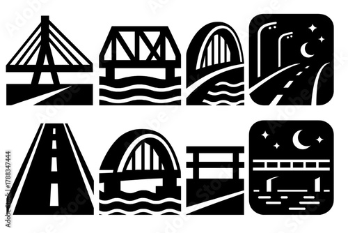 Brutalist Bridge Icons. Modern Bridge Design silhouette icon set: cable bridge, steel frame, curved arch, LED lights, road, water, railing, night view.