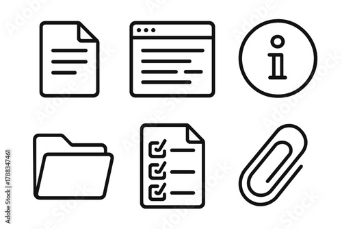 Outline Style Icons. Documentation linear icon set: document sheet, text editor window, information icon, folder, checklist, paper clip.