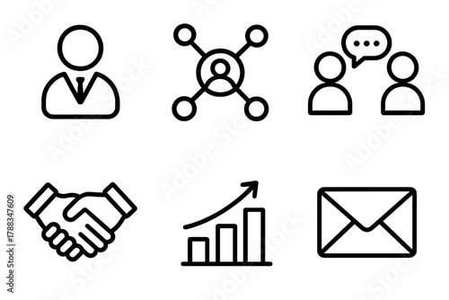Networking Icons Collection. Professional Networking linear icon set: business profile, connection nodes, meeting chat, handshake icon, career growth chart, message envelope.