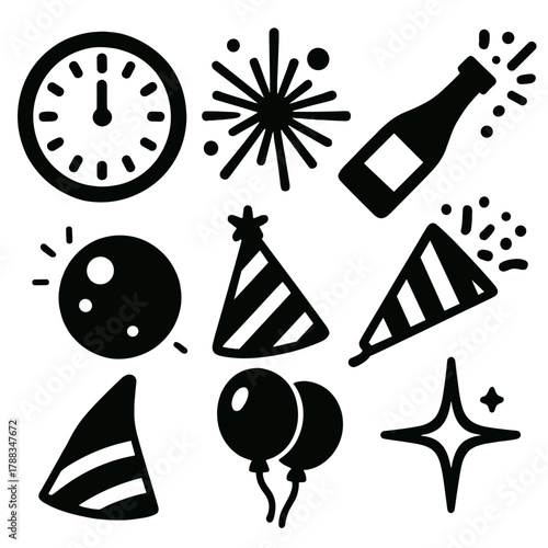 Brutalist New Year Icons. New Year’s Eve Night Set silhouette icon set: clock striking twelve, fireworks burst, champagne bottle, confetti popper, glowing moon, party hat, balloon