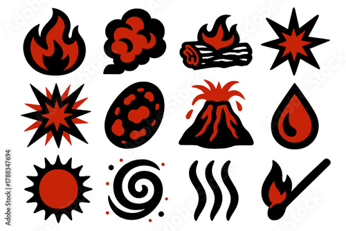 Bold Fire Icons. Fire Anger silhouette icon set: blazing flame, smoke, charred wood, spark, explosion, ember, volcano, lava droplet, red glow, ash swirl, heatwave line, burning