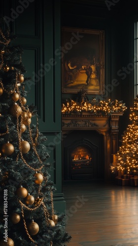 Elegant Christmas Celebration With Decorated Trees and a Cozy Fireplace in an...