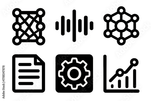 Brutalist AI Icon Set. AI Speech Systems silhouette icon set: neural network, sound wave pattern, machine learning model, text output icon, processing gear, accuracy graph.
