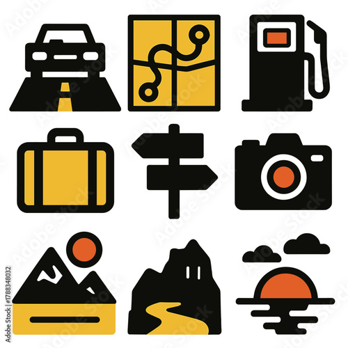 Bold Road Trip Icons. Road Trip Concept silhouette icon set: car on highway, map with route, suitcase, fuel pump, road sign, camera, mountain view, sunset.