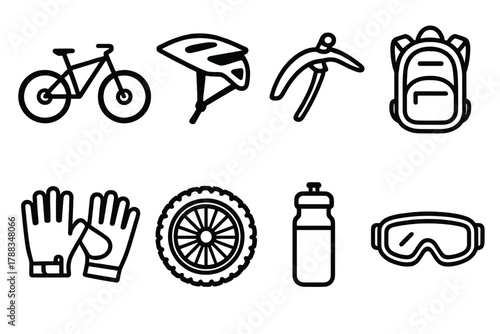 Mountain Biking Icons. Mountain Biking Icons linear icon set: mountain bike, helmet, mudguard, backpack, gloves, tire, bottle, goggles.
