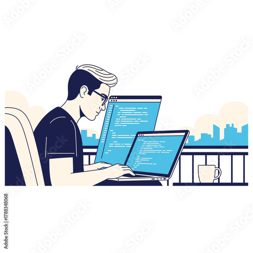 Dedicated coder working remotely with dual screens and laptop, creating innovative solutions from home with city view, fueling success with coffee