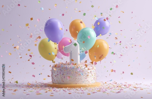 Colorful Birthday Celebration With Cake, Balloons, and Confetti for a First B...