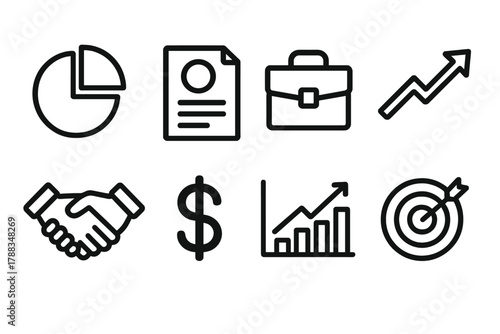 Business Icons Overview. Business Performance linear icon set: pie chart, document, briefcase, upward arrow, handshake, dollar sign, graph, target.