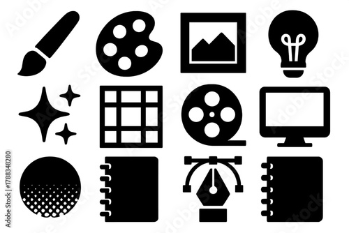 Brutalist Education Icons. Creative Education Tools silhouette icon set: paintbrush, color palette, art frame, idea bulb, sparkles, design grid, film reel, computer screen,