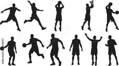 Basketball player silhouettes performing action poses, dribbling, shooting, running and jumping, isolated black figures, sports training and athletic movement illustration