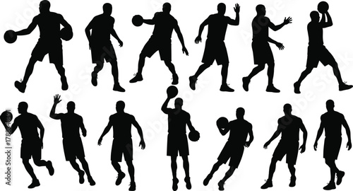 Basketball player silhouettes in motion, dribbling, running, and shooting poses, athletic movement, fitness training, sports concept illustration, isolated design
