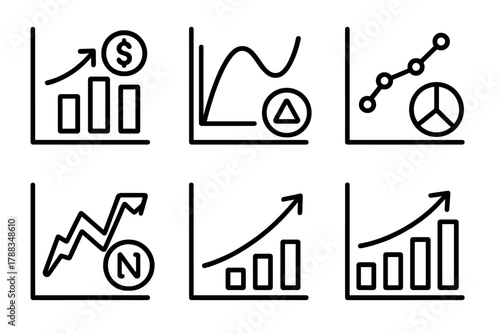 Financial Analysis Icons. Financial Quantitative Analysis linear icon set: ROI chart, risk curve, portfolio graph, performance index, value forecast, profit trend.