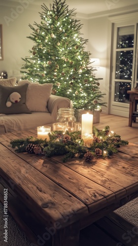 Cozy Holiday Living Room With a Christmas Tree and Festive Decorations at Night