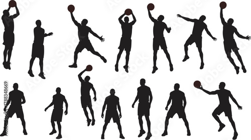Basketball player silhouettes performing jump shots, dribbling, dunking, and passing, athletic motion, sports training concept, fitness energy illustration, isolated design