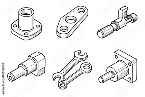 Industrial Design Sketches. Industrial Sketching linear icon set: product concept, mechanical part, design outline, 3D perspective, tool set, prototype sketch.