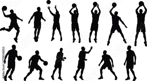 Basketball player silhouettes in multiple action poses, dribbling, shooting, dunking, and training, sports energy, athletic motion concept illustration