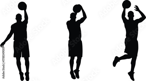 Basketball player silhouettes performing jump shots and dunks, athletic motion, professional sports action, energy and fitness concept, isolated black design