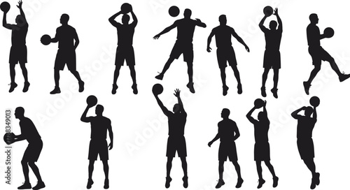 Basketball player silhouettes in multiple action poses, dribbling, dunking, and shooting, athletic sports concept, energy and fitness, isolated design