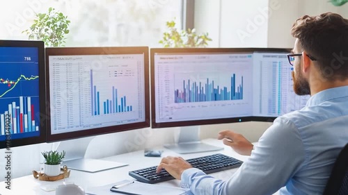 Businessman analyzing financial data on multiple computer screens, working with charts and spreadsheets in office