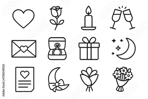 Romantic Icon Compilation. Romantic Occasions linear icon set: heart, rose, candlelight, champagne glasses, envelope, ring box, gift, starry sky, love letter, moon, ribbon, bouquet