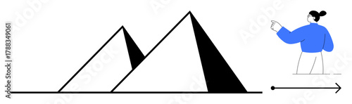 Minimalist design of pyramids with a person pointing forward, representing guidance, progress, and exploration. Ideal for travel, discovery, leadership, innovation, education ambition