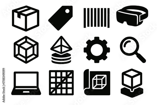 Brutalist Icon Set. Product Augmented Design silhouette icon set: product box, tag label, barcode, AR headset, 3D model, hologram, gear, magnifying glass, laptop, design grid,