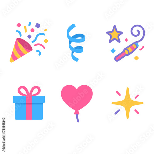 Vibrant Party Icons. Party Confetti Pack modern flat icons set: confetti explosion, streamer swirl, star spark, party horn, gift box, balloon heart, ribbon roll, glowing spark