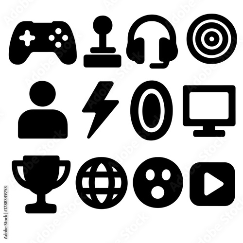Immersive Gaming Icons. Gaming Immersive Media silhouette icon set: game controller, joystick, headset, radar lines, character icon, energy bolt, portal, screen frame, trophy,