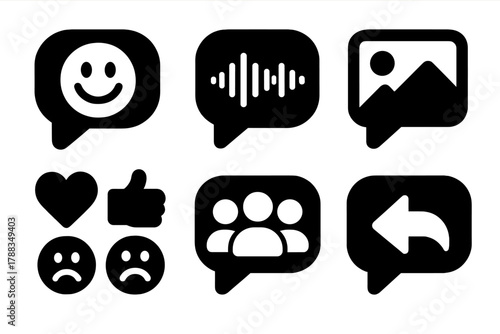Brutalist Messaging Icons. Social Messaging silhouette icon set: emoji bubble, voice message icon, image share, reactions icons, group chat, story reply.