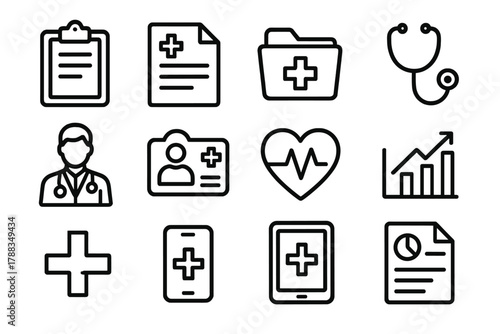 Medical Icons Collection. Health Records linear icon set: clipboard, document, folder, stethoscope, doctor, patient card, heart pulse, data chart, cross symbol, smartphone, tablet,