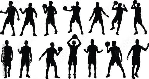 Silhouette of basketball players in action, dribbling, shooting, jumping, and passing ball, isolated on white background, sports teamwork concept illustration