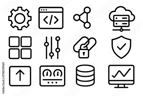 Tech Icon Collection. API Microservices linear icon set: gear icon, code window, connection lines, cloud server, modular blocks, data stream, secure link, shield symbol, upload