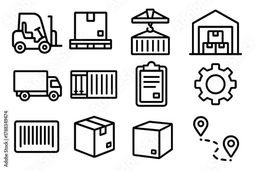 Warehouse Icons Set. Loading linear icon set: forklift, pallet, box, crane, warehouse, truck, container, clipboard, gear, barcode, package, route line.