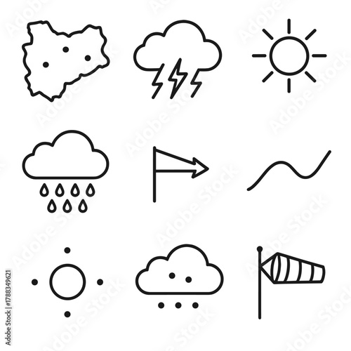 Minimalist Weather Map. Regional Weather Map linear icon set: city outline, temperature dots, storm pattern, sun and rain icons, wind direction, forecast line.