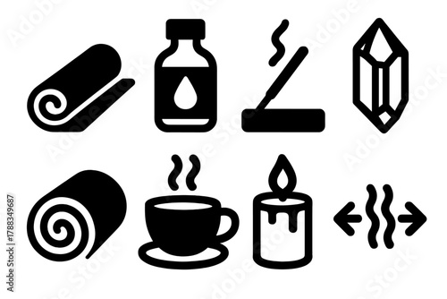 Brutalist Yoga Icons. Wellness Yoga Set silhouette icon set: mat, essential oil bottle, incense stick, crystal, rolled towel, tea cup, candle, breath symbol.