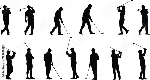 Silhouette of professional golfer practicing golf swing motion, male athlete training technique and form with golf club on white background