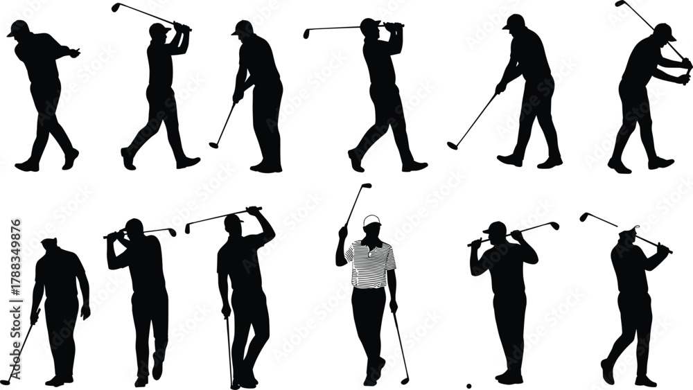Obraz premium Silhouette of male golfer performing swing motion with golf club, professional sportsman practicing golf technique on white background illustration