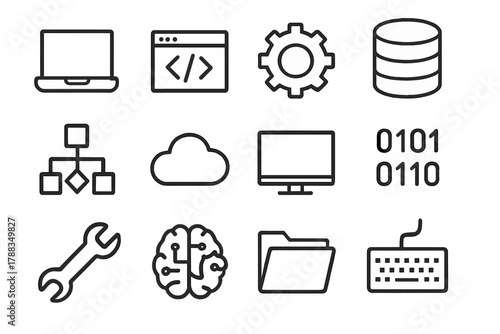 Tech Tool Icon Set. Software Engineering Tools linear icon set: laptop, code window, gear, database, flowchart, cloud, monitor, binary code, wrench, AI brain, folder, keyboard. , .