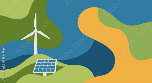 Eco-friendly power generation with wind turbine and solar panel in a stylized natural landscape background