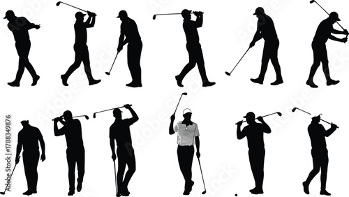 Silhouette of male golfer performing swing motion with golf club, professional sportsman practicing golf technique on white background illustration