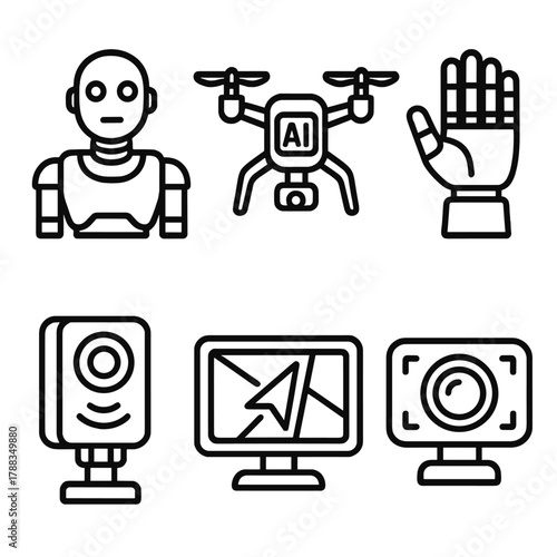 AI Robotics Icons. AI in Robotics linear icon set: humanoid robot, drone with AI, robotic hand, sensor module, navigation system, computer vision camera.