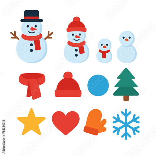 Snowmen Family Icons. Family of Snowmen flat icons: big snowman, small snowman, baby snowman, scarf, hat, carrot noses, snowball, pine tree, star, heart, mittens, snowflake.