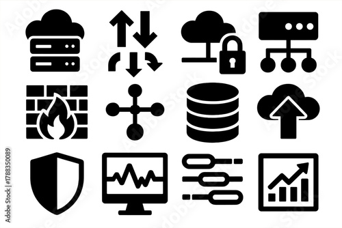 Brutalist Icon Set. Cloud Load Balancing silhouette icon set: cloud server, data arrows, secure connection, load balancer icon, firewall wall, network lines, storage stack, upload