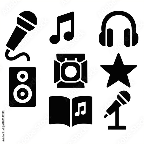 Singing Essentials Icons. Singing Essentials silhouette icon set: microphone, music note, headphones, stage light, speaker, songbook, star, mic stand.